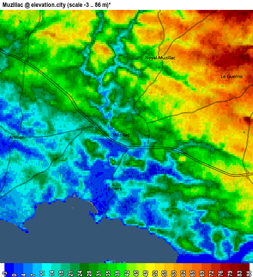 Zoom OUT 2x Muzillac, France elevation map