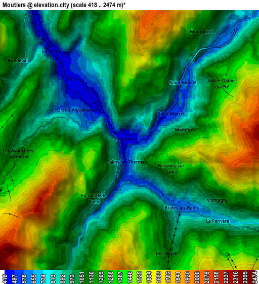 Zoom OUT 2x Moûtiers, France elevation map