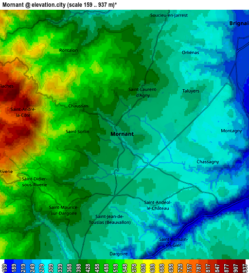 Zoom OUT 2x Mornant, France elevation map