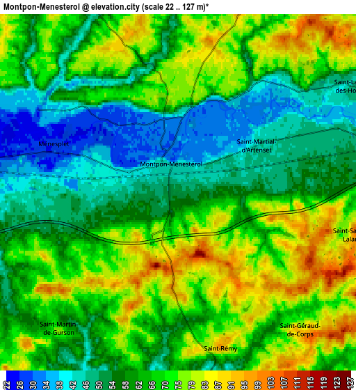 Zoom OUT 2x Montpon-Ménestérol, France elevation map