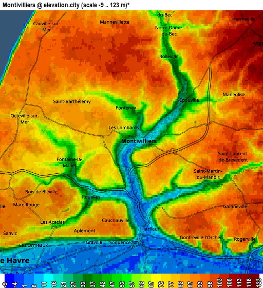 Zoom OUT 2x Montivilliers, France elevation map