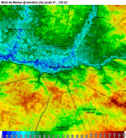 Zoom OUT 2x Mont-de-Marsan, France elevation map