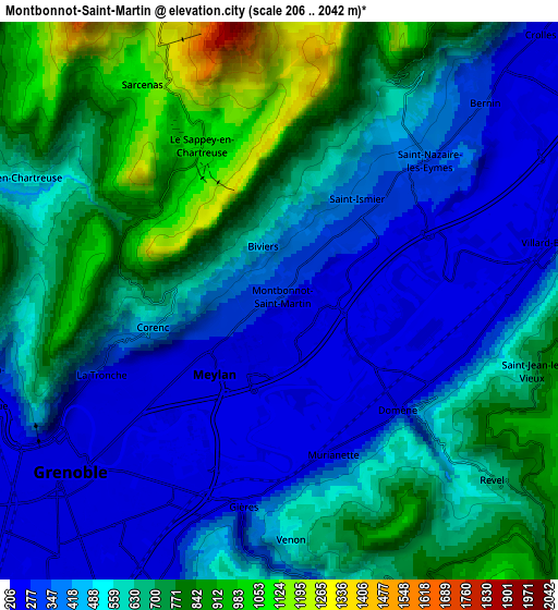 Zoom OUT 2x Montbonnot-Saint-Martin, France elevation map