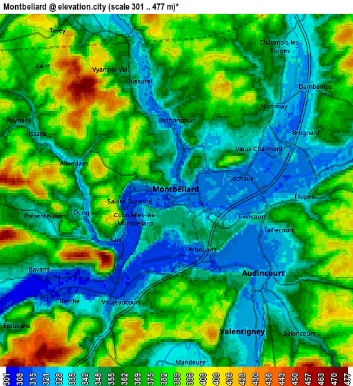 Zoom OUT 2x Montbéliard, France elevation map