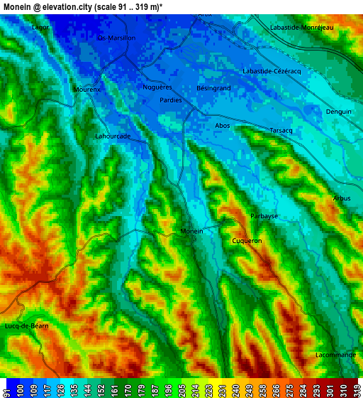 Zoom OUT 2x Monein, France elevation map