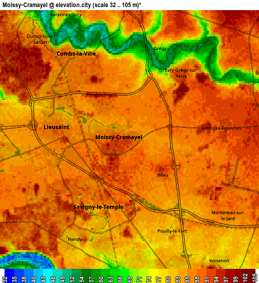 Zoom OUT 2x Moissy-Cramayel, France elevation map