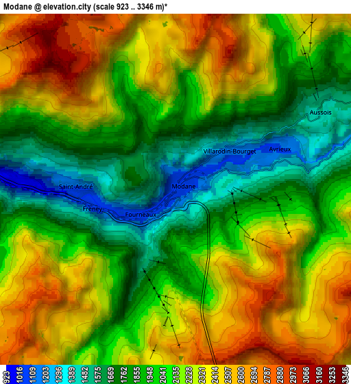 Zoom OUT 2x Modane, France elevation map