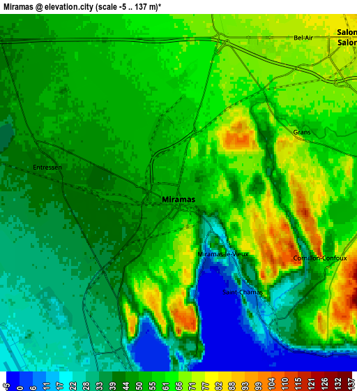 Zoom OUT 2x Miramas, France elevation map