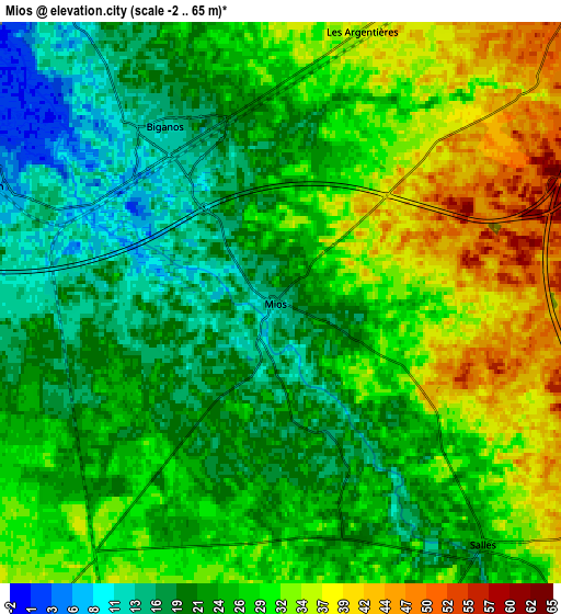 Zoom OUT 2x Mios, France elevation map