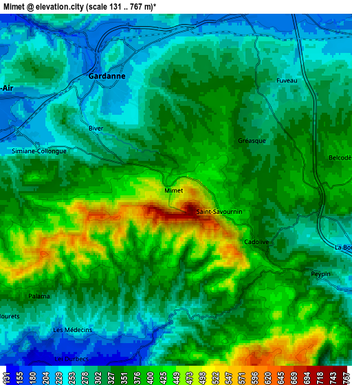 Zoom OUT 2x Mimet, France elevation map