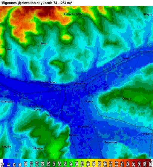 Zoom OUT 2x Migennes, France elevation map