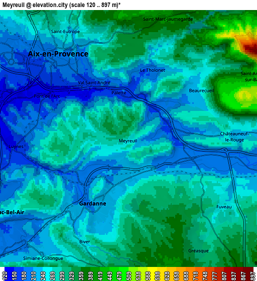 Zoom OUT 2x Meyreuil, France elevation map