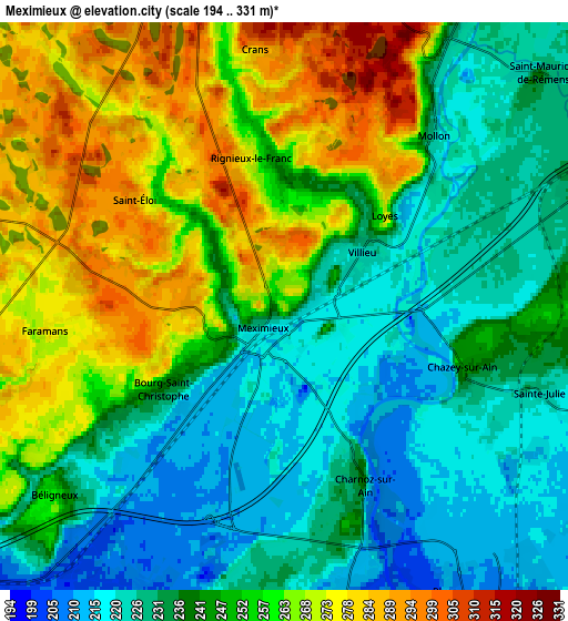 Zoom OUT 2x Meximieux, France elevation map