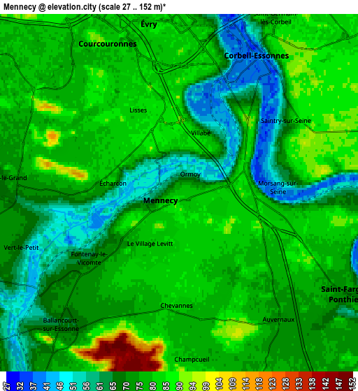 Zoom OUT 2x Mennecy, France elevation map