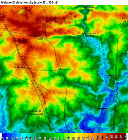 Zoom OUT 2x Melesse, France elevation map