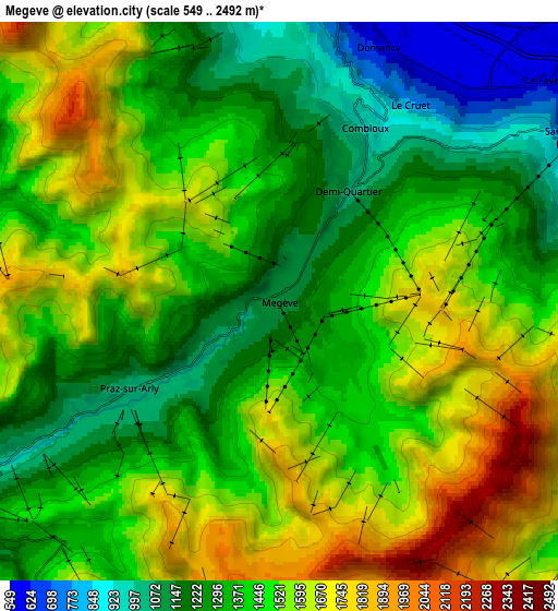 Zoom OUT 2x Megève, France elevation map