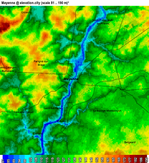 Zoom OUT 2x Mayenne, France elevation map