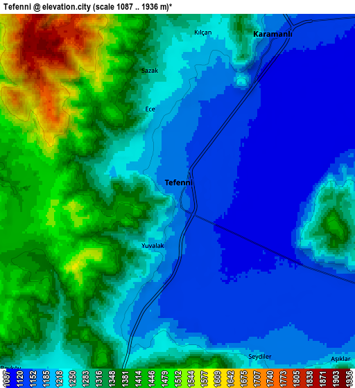 Zoom OUT 2x Tefenni, Turkey elevation map