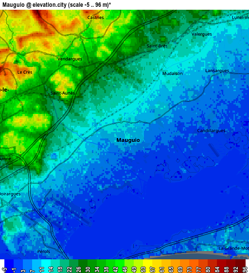 Zoom OUT 2x Mauguio, France elevation map