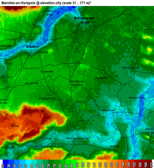 Zoom OUT 2x Marolles-en-Hurepoix, France elevation map