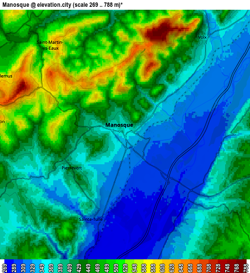 Zoom OUT 2x Manosque, France elevation map