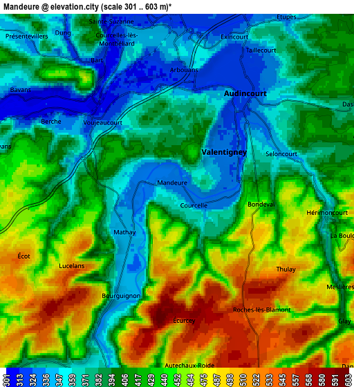 Zoom OUT 2x Mandeure, France elevation map