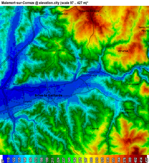 Zoom OUT 2x Malemort-sur-Corrèze, France elevation map