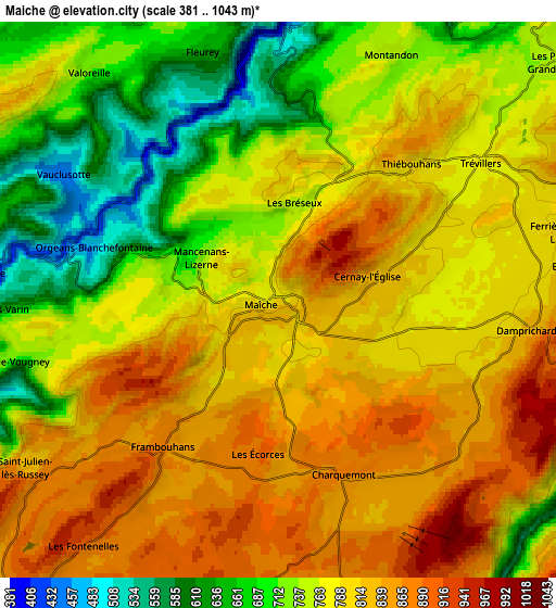 Zoom OUT 2x Maîche, France elevation map