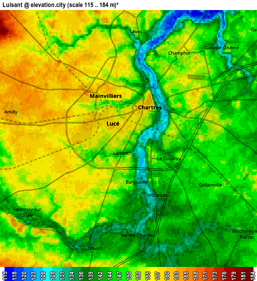 Zoom OUT 2x Luisant, France elevation map