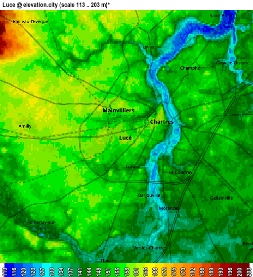 Zoom OUT 2x Lucé, France elevation map