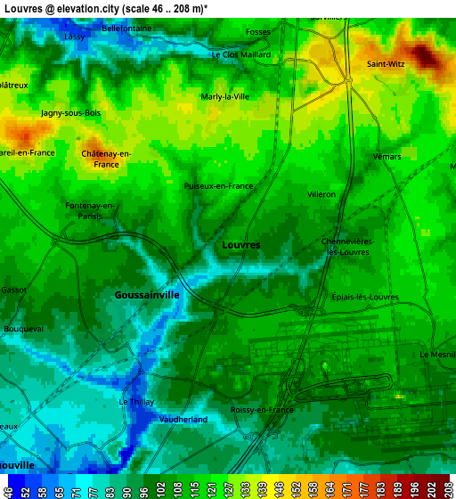 Zoom OUT 2x Louvres, France elevation map