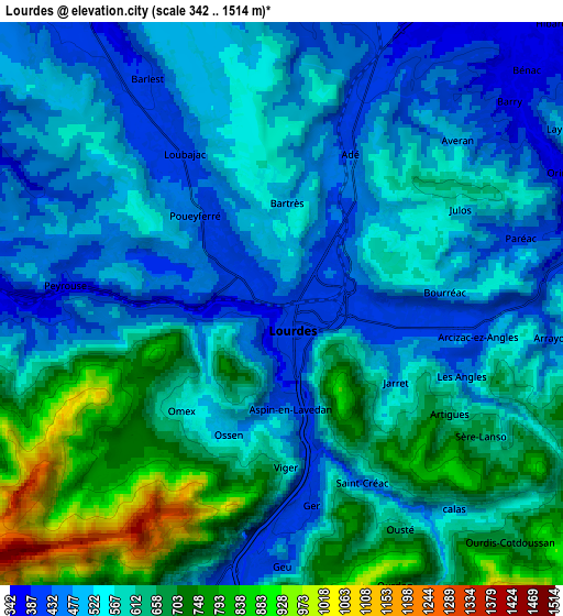 Zoom OUT 2x Lourdes, France elevation map