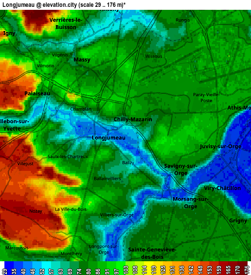 Zoom OUT 2x Longjumeau, France elevation map