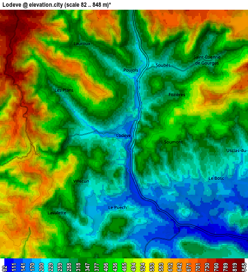 Zoom OUT 2x Lodève, France elevation map