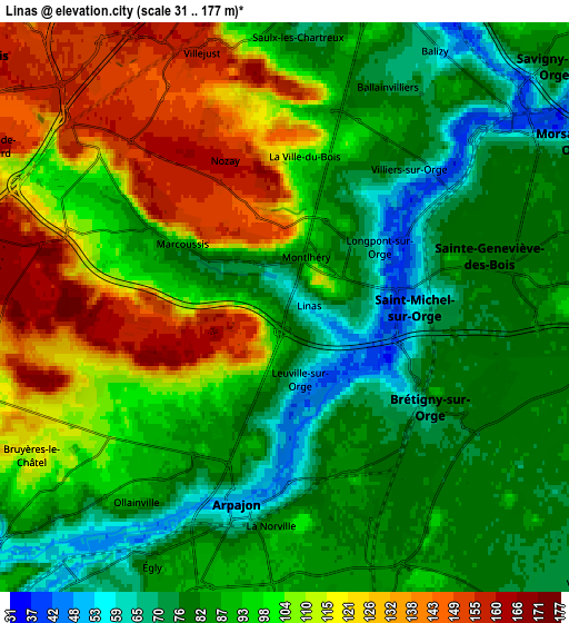 Zoom OUT 2x Linas, France elevation map