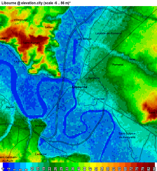 Zoom OUT 2x Libourne, France elevation map