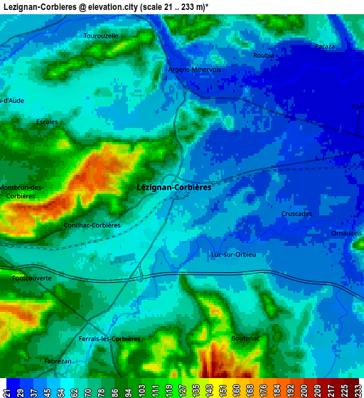 Zoom OUT 2x Lézignan-Corbières, France elevation map