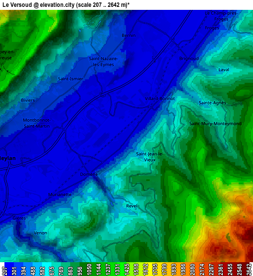 Zoom OUT 2x Le Versoud, France elevation map