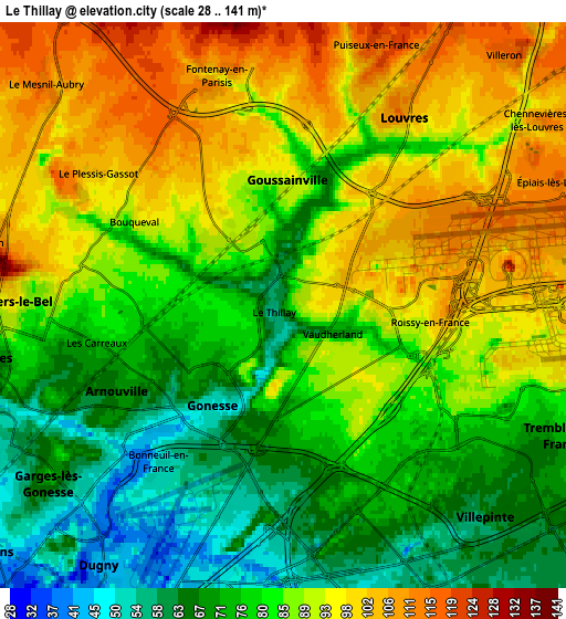 Zoom OUT 2x Le Thillay, France elevation map