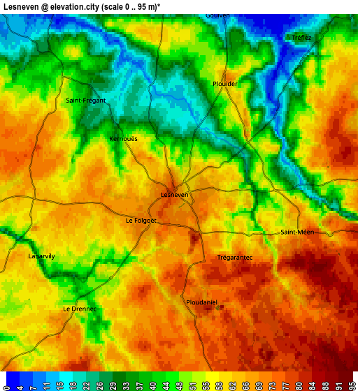 Zoom OUT 2x Lesneven, France elevation map