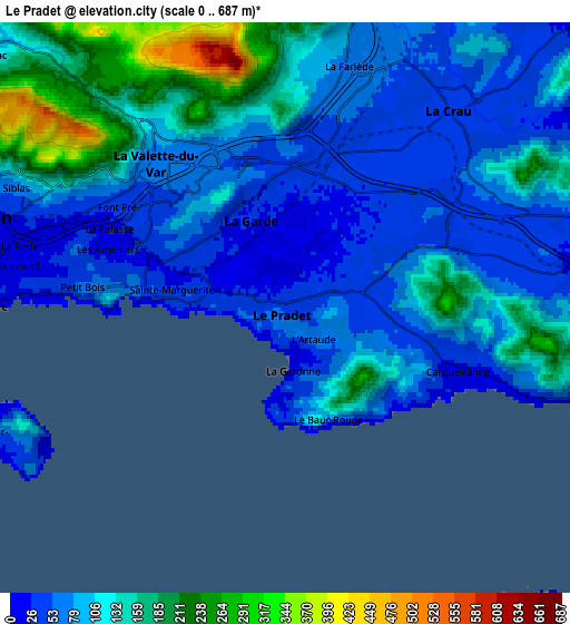 Zoom OUT 2x Le Pradet, France elevation map