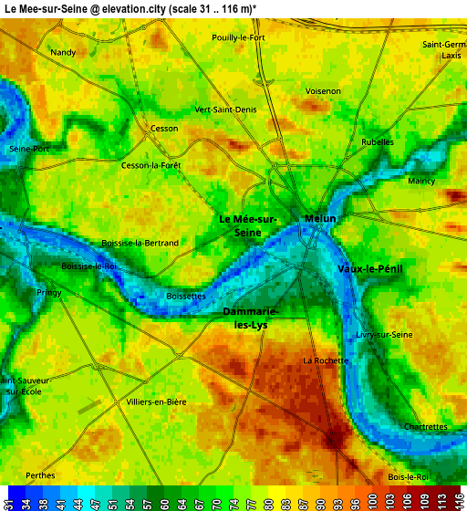 Zoom OUT 2x Le Mée-sur-Seine, France elevation map