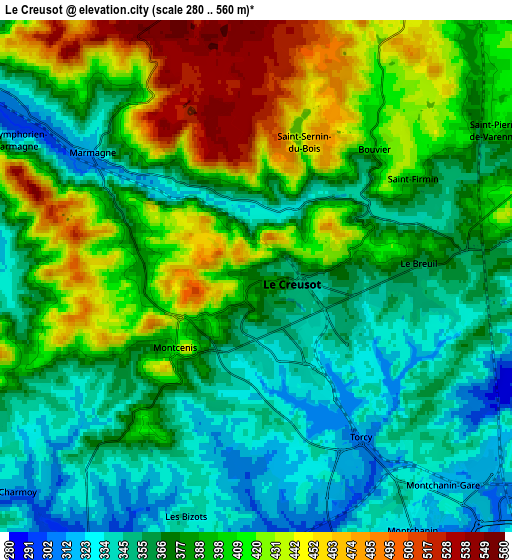 Zoom OUT 2x Le Creusot, France elevation map