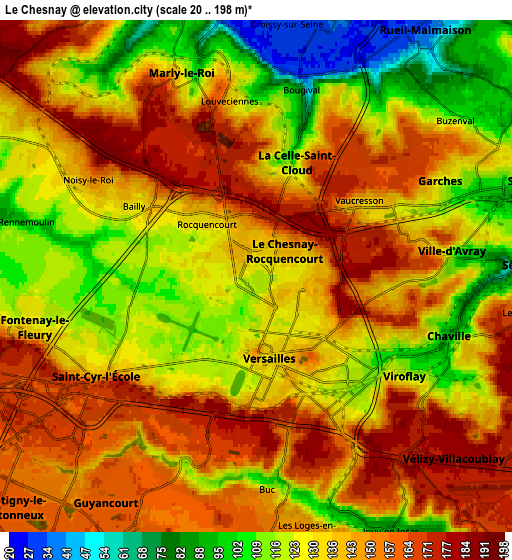Zoom OUT 2x Le Chesnay, France elevation map