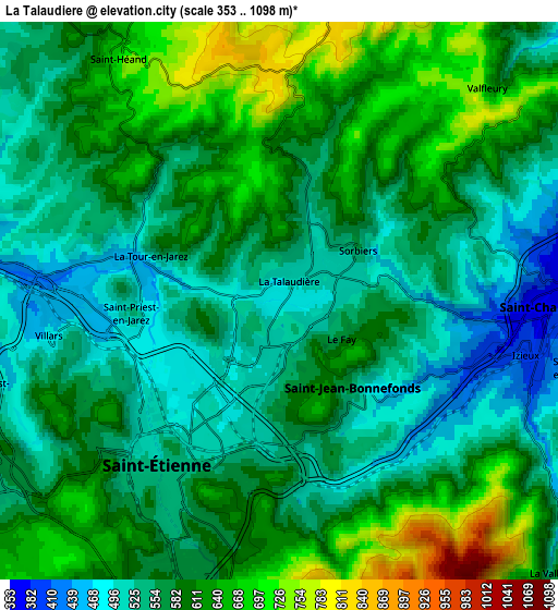 Zoom OUT 2x La Talaudière, France elevation map