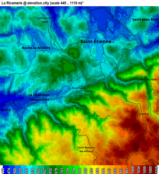 Zoom OUT 2x La Ricamarie, France elevation map