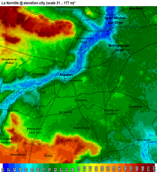 Zoom OUT 2x La Norville, France elevation map