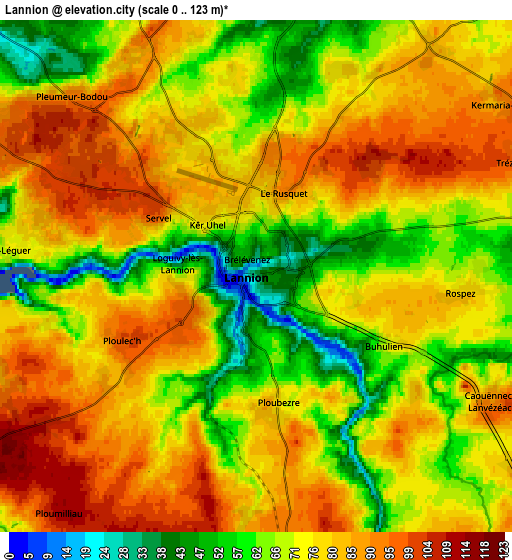 Zoom OUT 2x Lannion, France elevation map