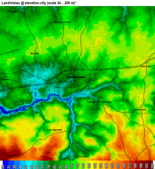 Zoom OUT 2x Landivisiau, France elevation map