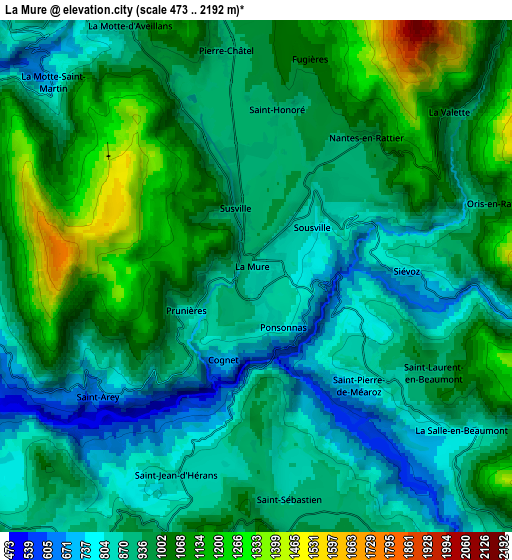 Zoom OUT 2x La Mure, France elevation map